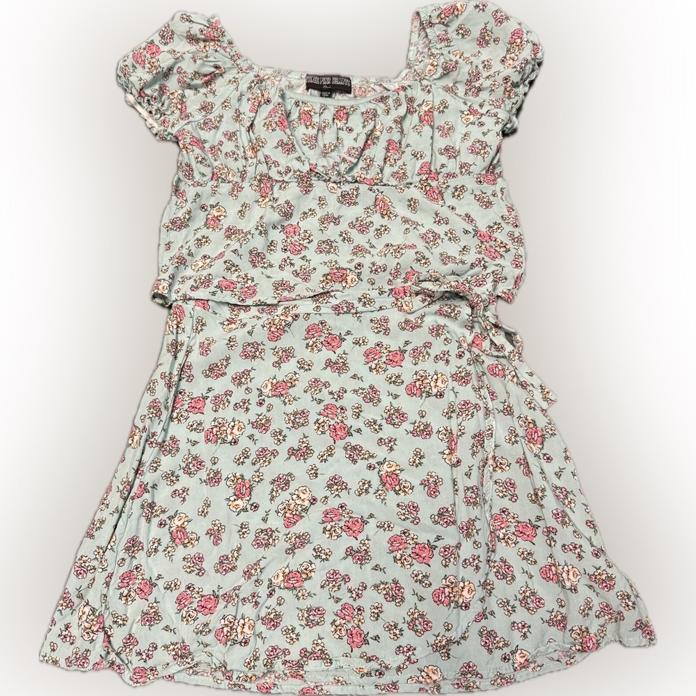 Three Hearts Floral Kids Two Piece Skirt and Top in Light Greenish Blue and Pink